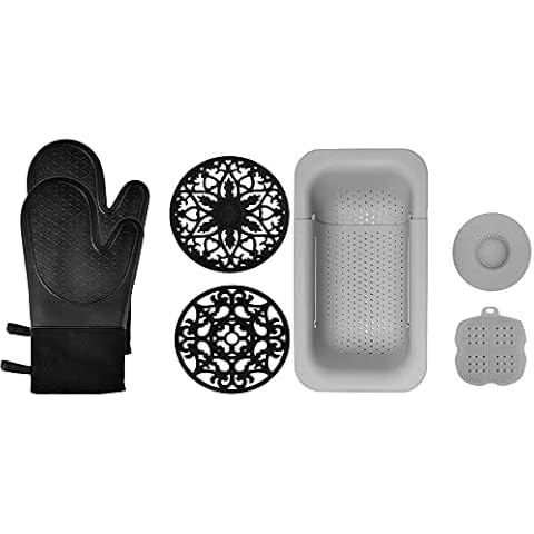 Domonic Home Oven Mitts and Pot Holders Sets,Over The Sink Colander, Black+Grey Cover