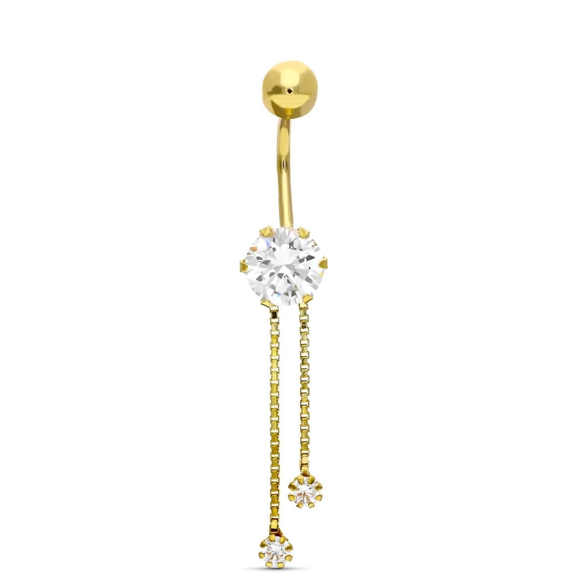 Piercing all'ombelico in Oro 18k con zircone al Centro e Due Catene Pendenti