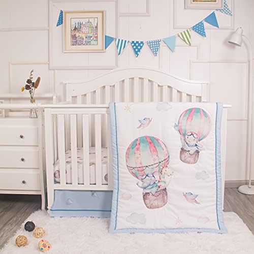 La Premura Watercolor Balloons Baby Nursery Crib Bedding Set, 3 Piece Gender Neutral Standard Size Crib Bedding Sets, Pastel Blue