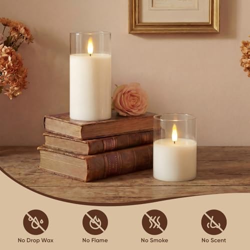 Image of Amagic 3 inchx4 inch6 inch Clear Glass Flameless Candles Battery Operated with Timer, Remote Control, LED Pillar Candles, Battery Powered, Valentine's Day Decor, Pure White Wax, Set of 2
