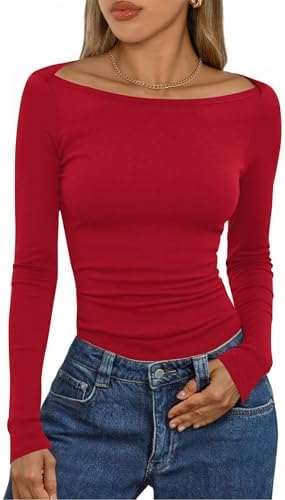 Aottori Langarmshirt Damen mit U-Boot-Ausschnitt Gerippt Oberteil Elegant | Dünn Pullover, Longsleeve, Stretch, Figurbetont, Rippshirt, Oberteil, Basic Top, Herbst Winter, Enge Pas