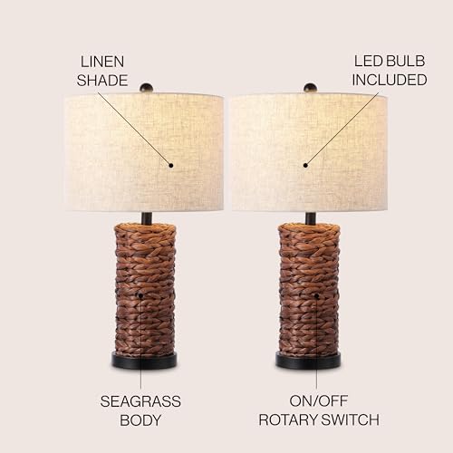 Image of JONATHAN Y 25 inch Dark Brown Coastal Water Hyacinth Table Lamp Set of 2, Bedside Lamp with Light Grey Linen Shade, Boho Farmhouse Decor for Living Room Nightstand, LED Bulbs (JYL6502B-SET2)