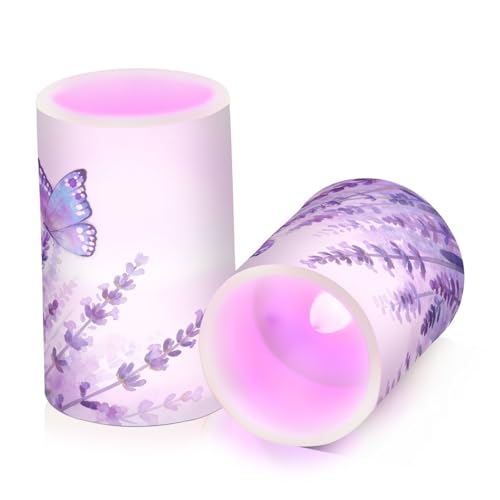 Image of Flickering Flameless Candles, Lavender Butterfly Purple LED Candles with Remote Timer, Set of 2 Battery Operated Candle for Valentine Wedding Birthday