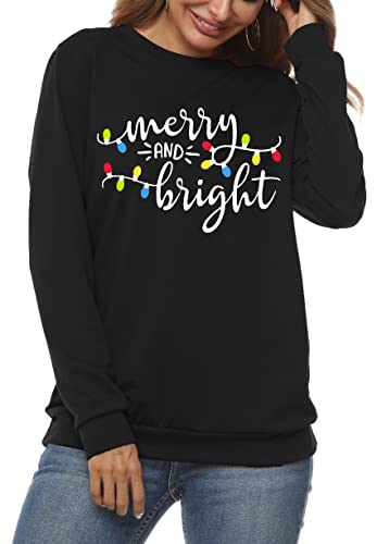 Image of Christmas Sweatshirt Women Merry and Bright Christmas T-Shirt Funny Xmas Lights Blouse Tops Holiday Shirts