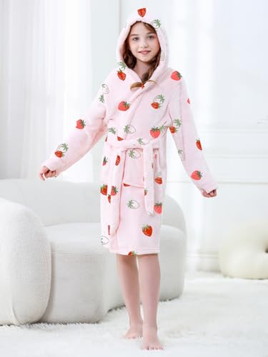 QZH.DUAO Girls Fleece Robes, Hooded Warm Bathrobe with Belt and Pockets for Kids, Pink Strawberry, 5T=1304