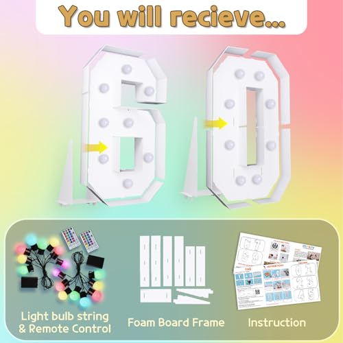 Image of Imprsv Colorful 4FT Marquee Numbers Light up Numbers 60 Birthday Decoration | RGB with Remote, Party Decorations Anniversary Wedding Decorations Assembly Required Foam Board 41 Pcs Accessory Set