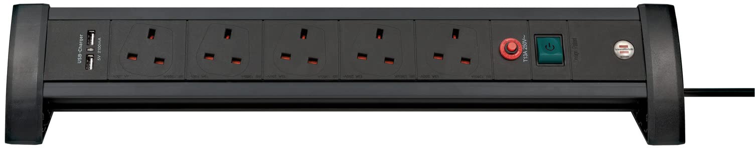 Premium-Office-Line FB, 5-way extension lead for desk with 2 USB charging ports (switch and 3m cable, with Safety Fuse Button, Made in Germany) black
