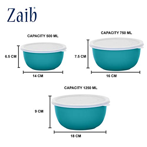Image of Zaib Microwave Safe Stainless Steel Mixing Bowl Set with Lids | 500ml, 750ml, 1250ml | Kitchen Food Storage Containers | Pack of 3 (Plain Turquoise 3)