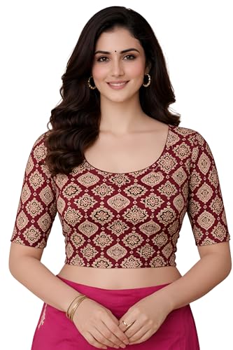 Image of Amazon Brand - Anarva Women's Kalamkari Print Cotton Stretchable Round Neck Readymade Saree Blouse