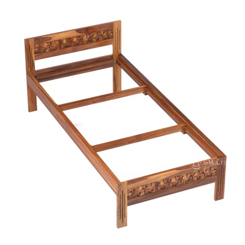 Image of Sheesham Wood Single Bed, Diamond Pattern Headboard, 80 x 38 inches, Without Storage (Honey)