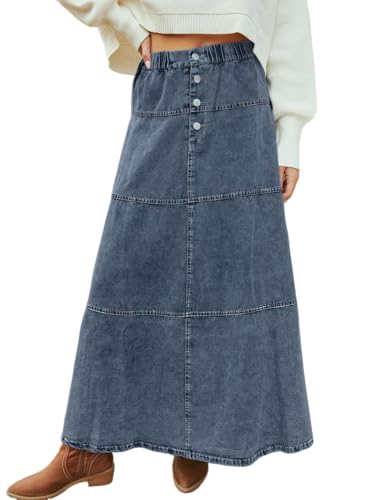 loveimgs Women Casual Denim Maxi Skirt Elastic High Waist Tiered A Line Long Jean Skirt Y2k Western Patchwork 2025