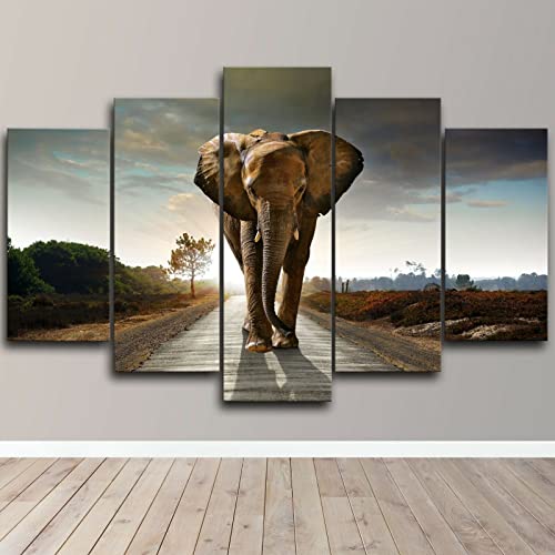 WAGYU tableau multi panneau 5 parties Éléphant gémissant sur la route tableau imprimé sur toile,tableau imprimé xxl,tableau deco murale,tableaux,posters...