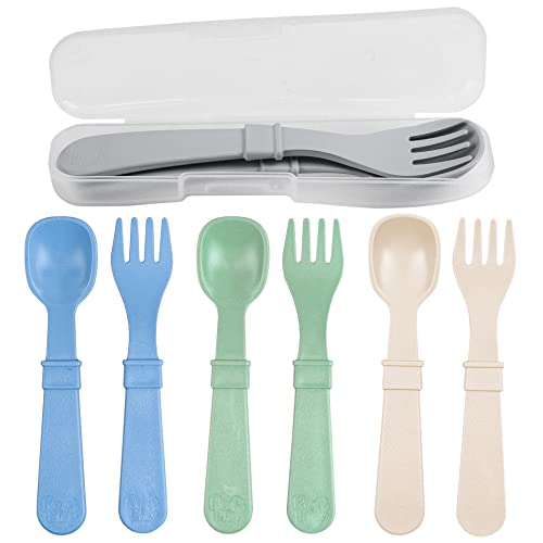 Image of Re-Play Made in USA Toddler Forks and Spoons, Pack of 8 With Carrying Case - 4 Kids Forks with Rounded Tips and 4 Deep Scoop Toddler Spoons - 0.2" Thick Toddler Utensils with Case, Cool Naturals