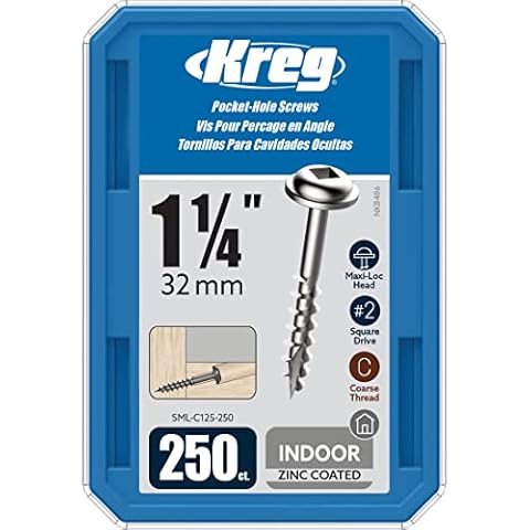 Kreg SML-C125-250 Zinc Pocket Screws, 1-1/4 Inch #8 Coarse Thread, Maxi-Loc Head (250 Count) Cover