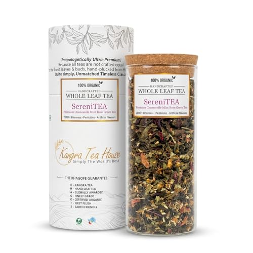 Image of Kangra Tea House Certified Organic Chamomile Mint Rose Green Tea for Stress Relief & Good Sleep (100g = 150 - 200 Cups) - Richest Source of Antioxidants