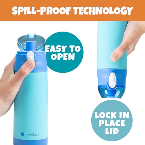 Image of Bentology Stainless Steel 13 Oz Reusable Water Bottle for Kids, Blue | Double Wall Insulated, Spill Proof Lid W /Built-in Straw- Keep Liquids Hot or Cold- Easily Fits in Lunch Boxes & Bags