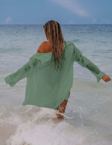 Image of Bsubseach Women Long Sleeve Beach Shirt Blouses Bathing Suit Cover Up Button Down Collar