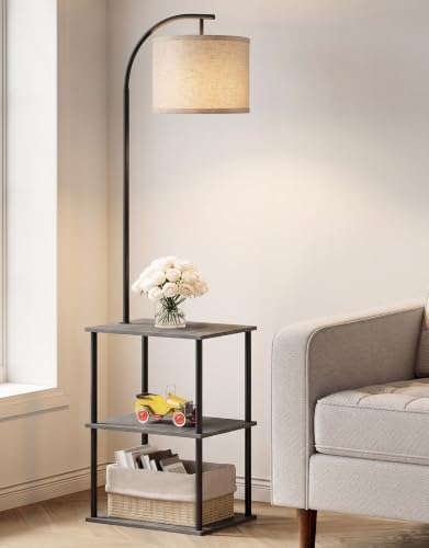 Image of PARTPHONER Floor Lamp with Table, Night Stand with Lamp, Narrow Side Table with 3CCT LED Bulb, Small Coffee Table, Modern End Table with Storage Shelves for Living Room Bedroom, Oak Gray