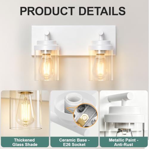 Image of IZORRO Bathroom Light Fixture White, Clear Glass Shade 15-Inch 2-Light