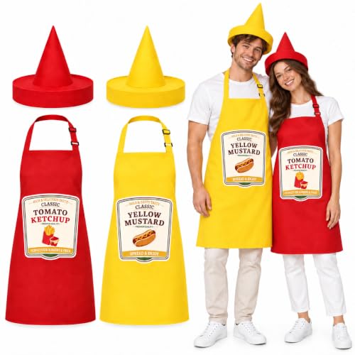 JcHrmers 4 Pcs Ketchup and Mustard Costume Set for Adults, Funny Couple Food Costume Includes Red Yellow Aprons and Matching Hats, Halloween Party Condiment Outfit for Men Women
