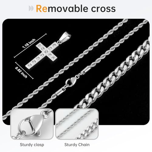 2Pcs Cross Necklace for Men, Cuba Silver Mens Cross Necklaces Stainless Steel Cross Pendant Necklace Simple Jewelry Gifts Cross Chain Necklace for Men4