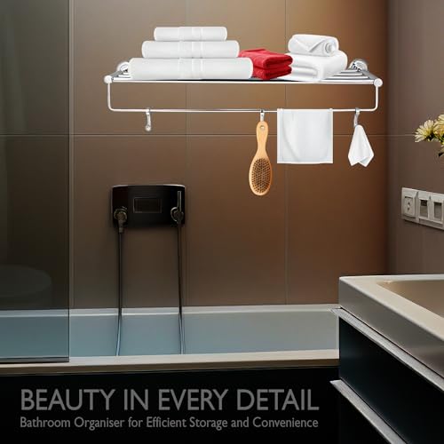 Image of Zureni Folding Towel Rack for Bathroom with Multipurpose Hooks Wall Mount Hanger Bar Shelf Accessories and Fittings Stand Home Washroom Kitchen (Pack of 1, Silver, Circular Rod)