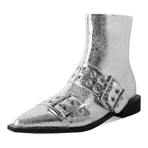 SAMMITOP Women's Ankle Boot Chunky Low Heel Dress Ankle Boots Classic Pointed Toe Side Zipper Chelsea Booties with Metal Buckle Eyelet 1.2 Inch