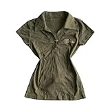Y2k Grunge Polo Collared Shirts Women Button Down Crop Top 2000s Emo Vintage Streetwear Summer (Grey Green,Large)