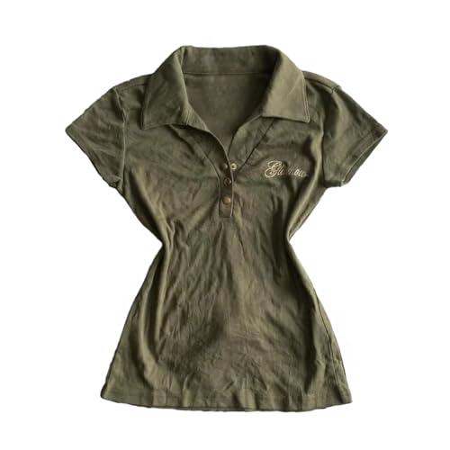Y2k Grunge Polo Collared Shirts Women Button Down Crop Top 2000s Emo Vintage Streetwear Summer (Grey Green,Large)