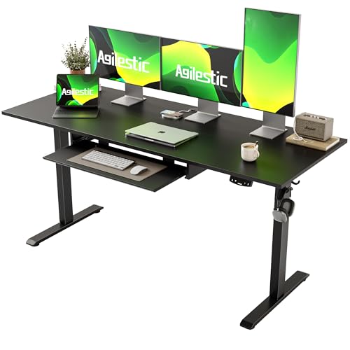 Image of Agilestic Height Adjustable Desk with Keyboard Tray, 63 x 24 Inches Electric Standing Desk, Stand up Computer Table with Memory Preset, Gaming Modern Lift Motorized Gaming Workstation, Black