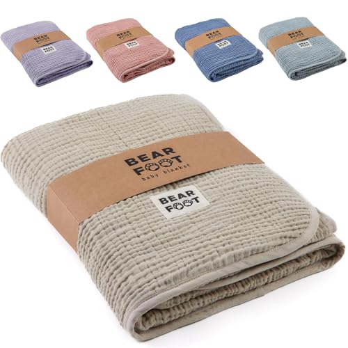 BEARFOOT Musselin Babydecke, Fleecedecke aus Baumwolle, flauschig (Summer Sand)