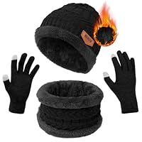 Flintronic Wintermütze, Schal und Touchscreen Handschuhe Set - Fleece-Innenfutter Warm Beanie Mütze für Herren & Damen - Elastische Mütze mit Rundem Schal