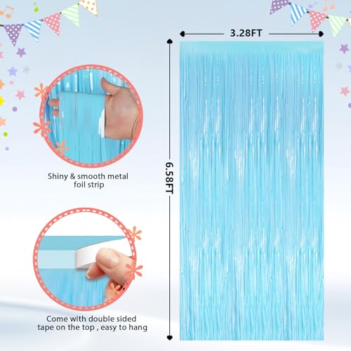 Image of GCB 2Pack Macaron Blue Metallic Tinsel Foil Fringe Curtains, Pastel Blue Door Streamers Photo Booth Backdrop for Birthday Party, Tinsel Curtain Backdrop for Baby Shower Bachelorette Party Decorations