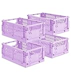HUUSMOT 4-Pack Small Pastel Plastic Storage Baskets, Collapsible Crates for Organizing, Space-Saving Mini Bins for Classroom, Kitchen, Office, Bedroom (Purple, 9.8" x 6.5" x 3.8")