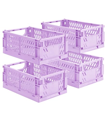 Image of HUUSMOT 4-Pack Collapsible Plastic Storage Baskets, Purple, 9.8"x6.5"x3.8" | Pastel, Space-Saving, Collapsible Plastic Bins, Cute Mini Storage Crates, for Classroom, Kitchen, Office, Bedroom