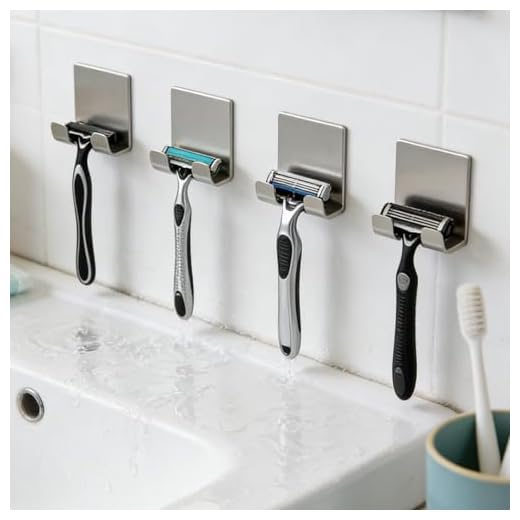 4 Pcs Adhesive Razor Holder for Shower, Waterproof Stainless Steel Razor Hook, No-Drill Wall Mount Shaver Hanger, Multipurpose Bathroom Organizer Hooks（Silvery or Black）