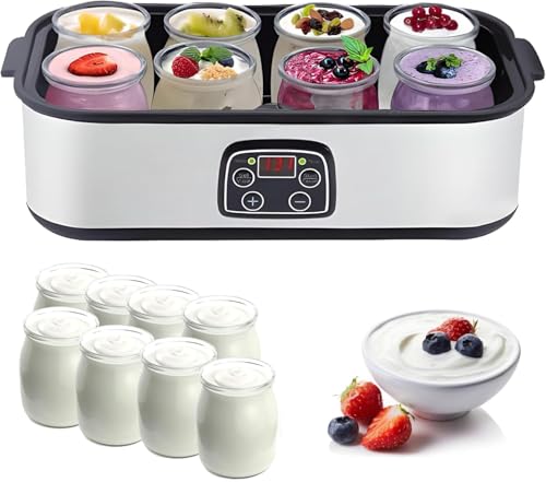 WaaYb Yogurtera Probiótica Ultimate de 1400 ml con 8 frascos de Vidrio, Control de Temperatura y Tiempo Ajustables, máquina automática de Acero Inoxidable con Pantalla LCD para la Cocina y el hogar