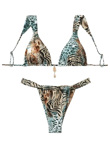 QJQ Women's 2 Piece Cheeky Bikini Sets Leopard Print Tie Back Bathing Suit Sexy Triangle Swimsuit