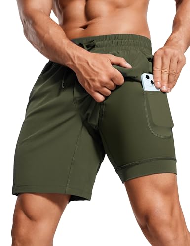 CRZ YOGA Pantalones Cortos de Running para Hombre con Forro - 18cm Dark Olive XL