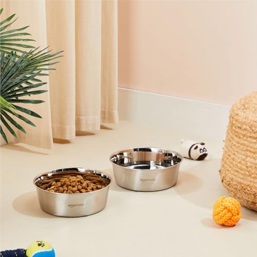 Image of Amazon Basics Heavy Dog Bowl | Large Size | Stainless Steel | Feeding Bowls for Dog, Cats and Pet | Pack of 2 x 1600 ml