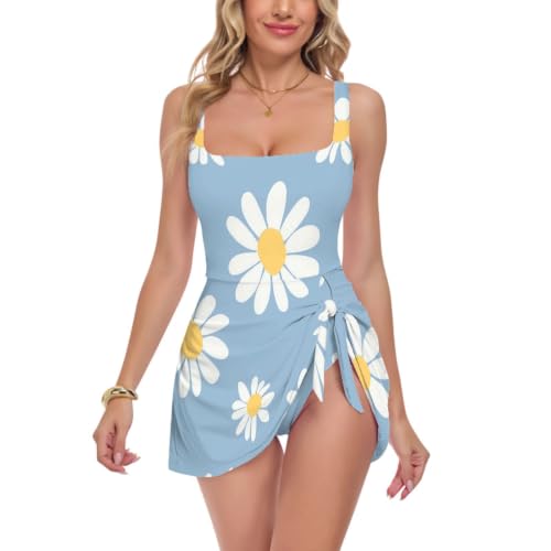 Bañador reductor de cintura alta azul con flores blancas para playa