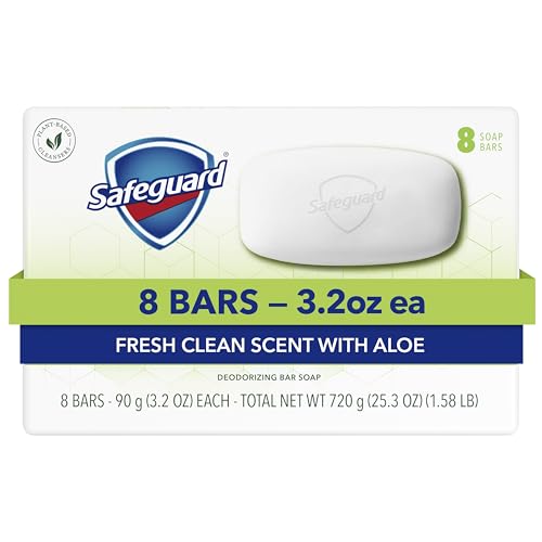 Safeguard Micellar Deep Cleansing Bath Bar Soap, Washes Away 99 Percent of Bacteria, Leaves Skin Soft, Made with Plant Based Cleansers, Fresh Clean Scent with Aloe, 3.2 oz (8 Count)