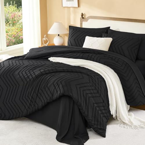 Image of Litanika Black Queen Size Comforter Set with Sheets - 7 Pieces Bed in a Bag Queen Tufted Complete Bedding Sets with Comforter, Sheets, Pillowcases & Shams