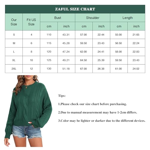 Zaful Women'S Solid Knit Cable Sweater Casual Long Lantern Sleeve Pullover Crew Neck Knitted Tops Dark Green thumb #6
