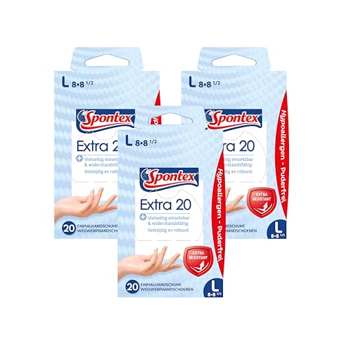 Spontex Extra Einmalhandschuhe aus Vinyl, widerstandsfähig, besonders hautverträglich und puderfrei, in praktischer Spenderbox, Größe L, 3 x 20 Stück