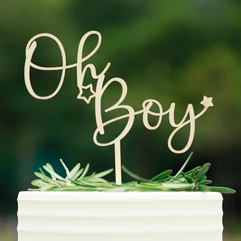 CC TOWN Oh Boy Cake Topper -Wooden Oh Boy Cake topper, Baby Shower, Gender Reveal, It's a Boy Party Cake Decorations Supplies Cover