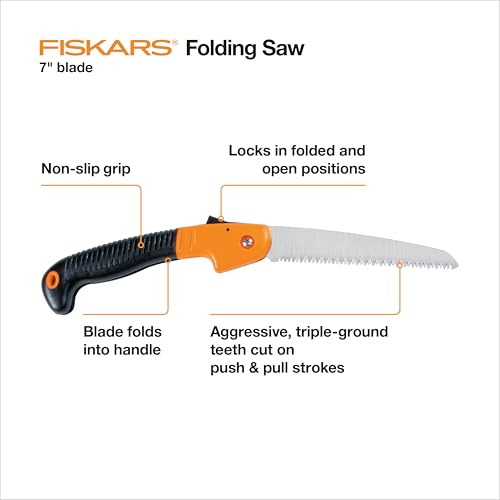 Image of Fiskars Folding Hand Saw, 7 inch Pruning Saw with Power Tooth Blade with Triple Ground Teeth that Powers Through Wood Faster, Soft Grip Handle