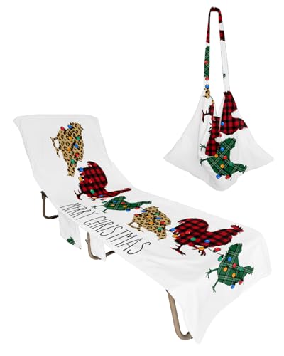 Merry Christmas Farm Beach Chair Towel Covers for Chaise Lounge with Side Pocket, Soft Plush Pool Towels Cover for Patio Sunbathing Outdoor 29''x85'' Rooster Hen Leopard Print Plaid