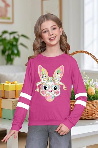 Image of LAZYCHILD Kids Easter Shirt Girls Happy Easter Shirts Rabbit Graphic Long Sleeve Striped Tee Tops 5-14 Years