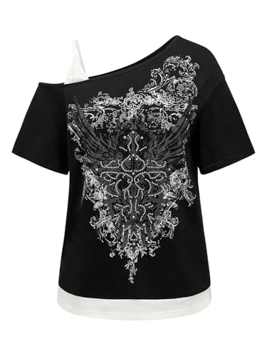 SOLY HUX Women's Plus Size Y2k Tops Gothic Graphic Tees Trendy Short Sleeve Asymmetrical Neck T Shirts